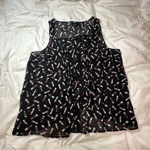 Black Sheer Tank Top with Lipstick Print
